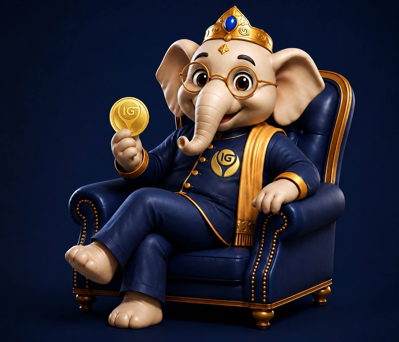 Invest Gold royal elephant mascot holding a gold IG coin